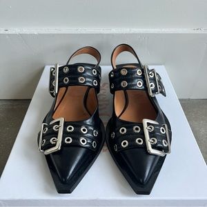 Ganni Black Pointed Leather Buckle Flats